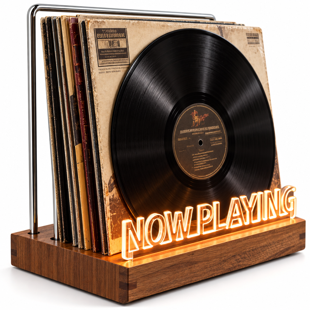 Close-up van de houtnerf en afwerking van de Vinyra platenstandaard