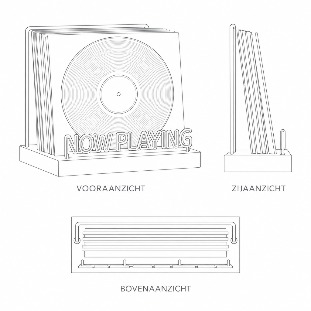 Technische tekening Vinyra platenstandaard in drie aanzichten