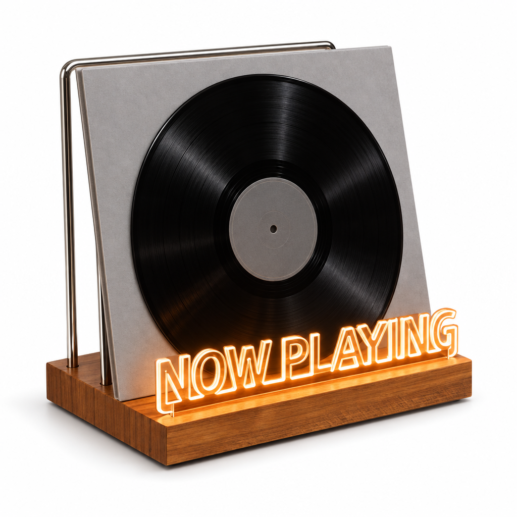 Vinyra platenstandaard met een plaat in een neutrale hoes, studiofoto