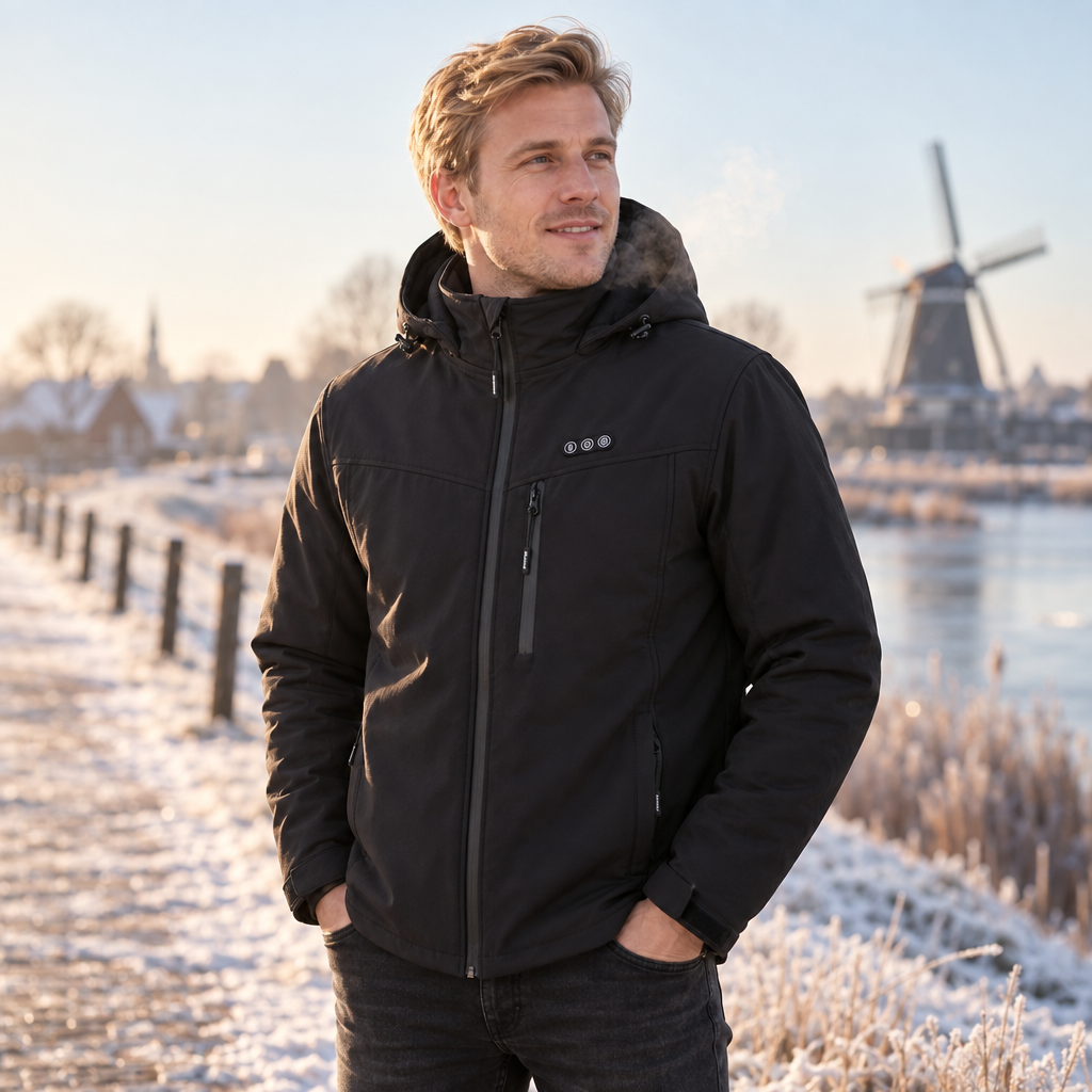 Calorix verwarmde jas gedragen op een koude winterdag