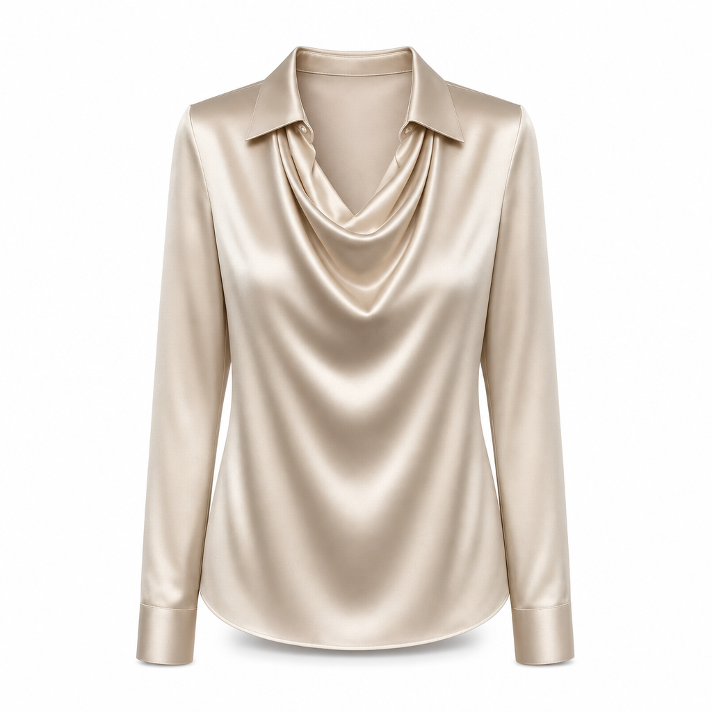 Dames satijnen blouse met gedrapeerde hals, packshot op witte achtergrond