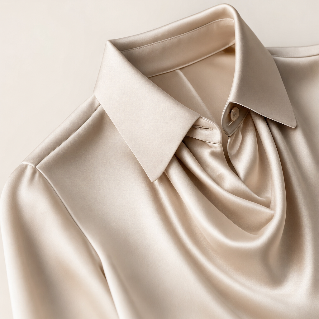 Close-up van de watervalhals en de puntkraag van de satijnen blouse