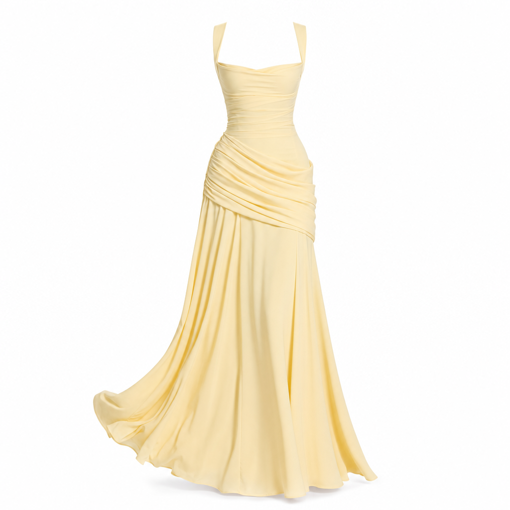 Chiffon maxi-jurk met watervalhals in citroengeel, packshot op witte achtergrond