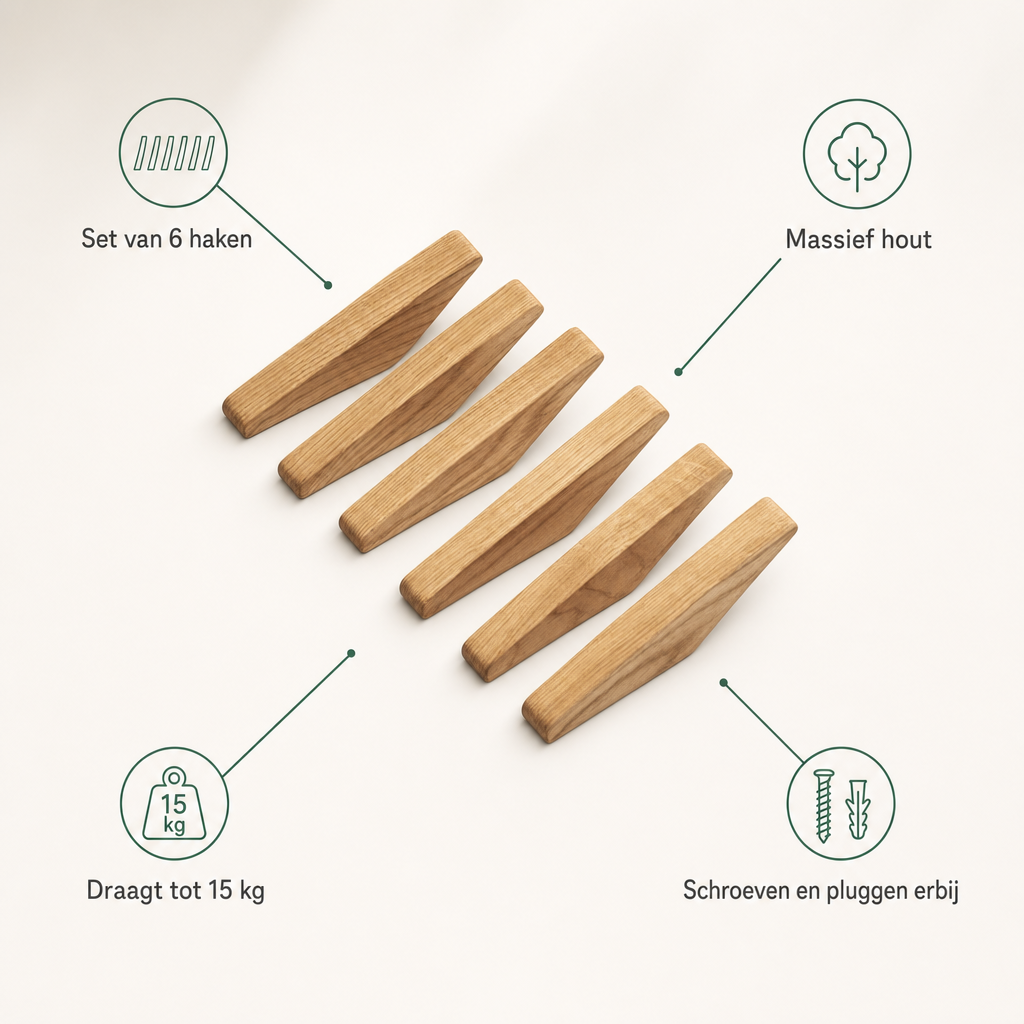 Kenmerken houten wandhaken: set van 6 haken, massief hout, draagt tot 15 kg, schroeven en pluggen erbij