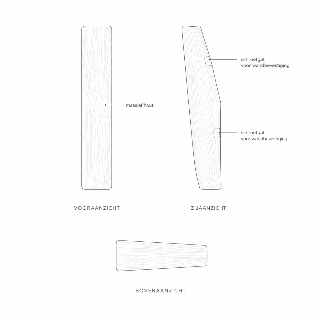 Technische tekening houten wandhaak in drie aanzichten
