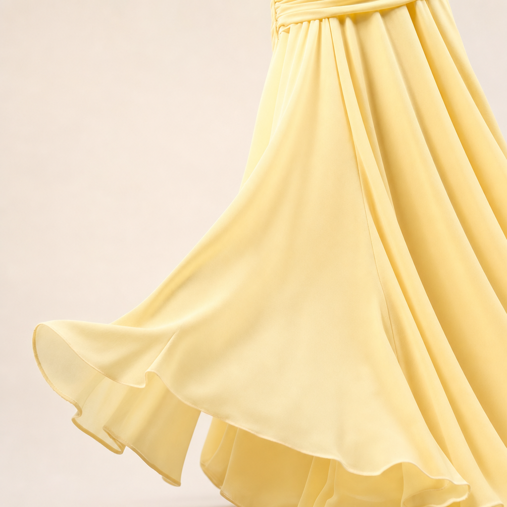 Close-up van de rok met godets van de chiffon maxi-jurk