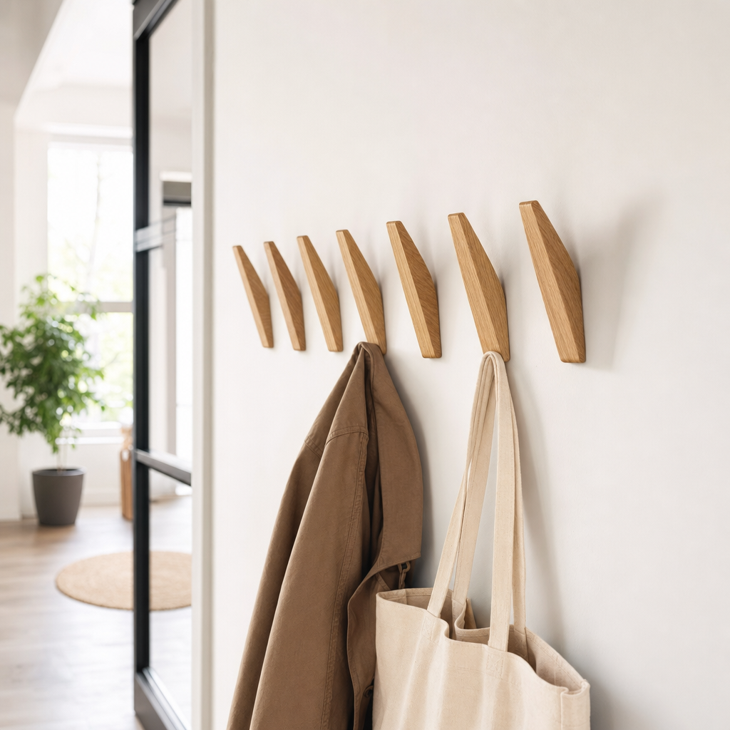 Houten wandhaken gemonteerd in een lichte hal met jas en tas