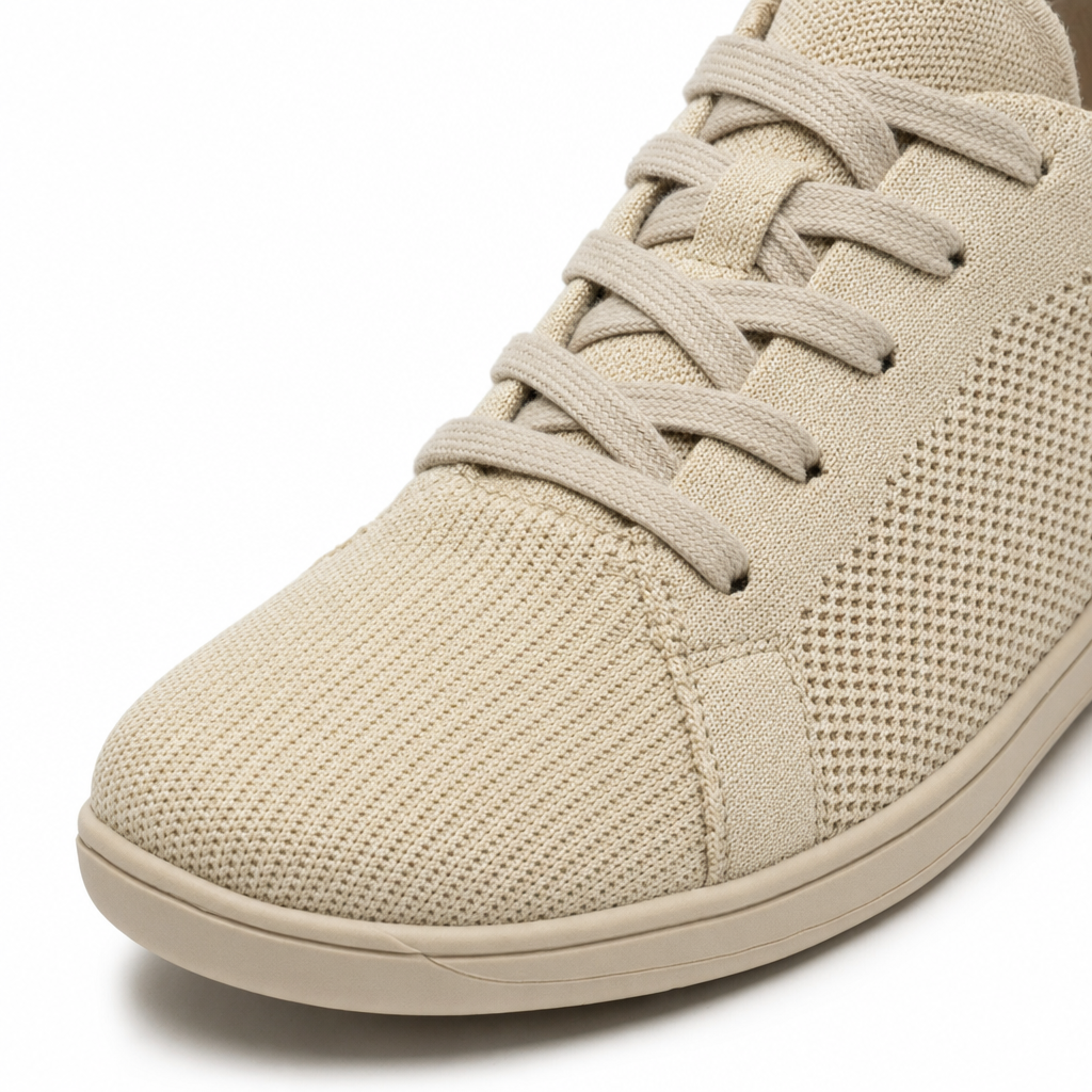 Close-up van het ademende mesh en de veters van de barefoot sneaker