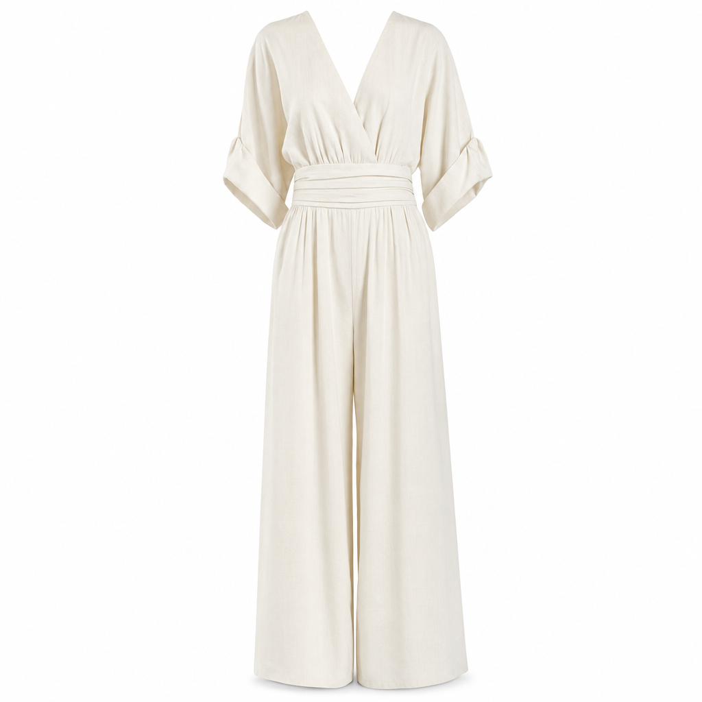 Elegante jumpsuit met V-hals en wijde pijpen, packshot op witte achtergrond