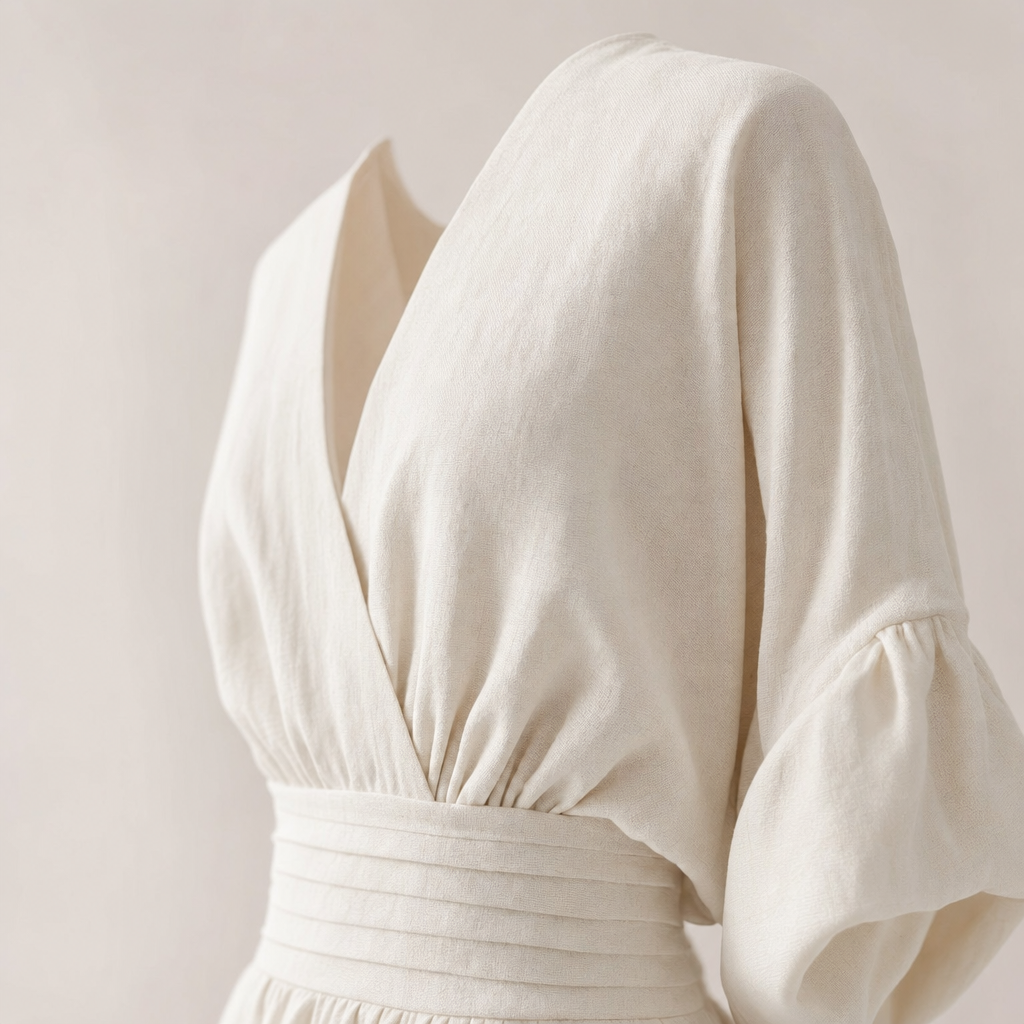 Close-up van de V-hals en de aangesloten taille van de jumpsuit