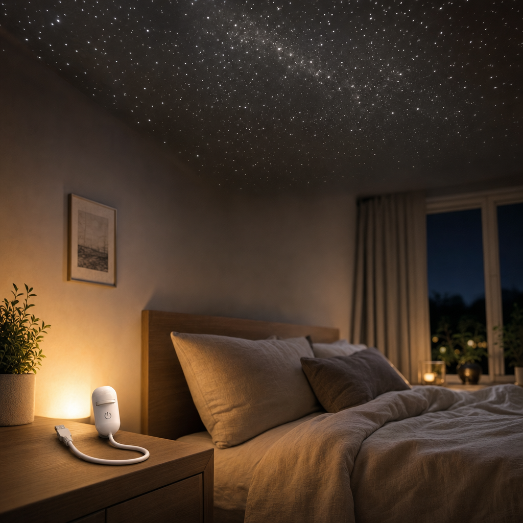Sterrenprojector in een slaapkamer in de avond