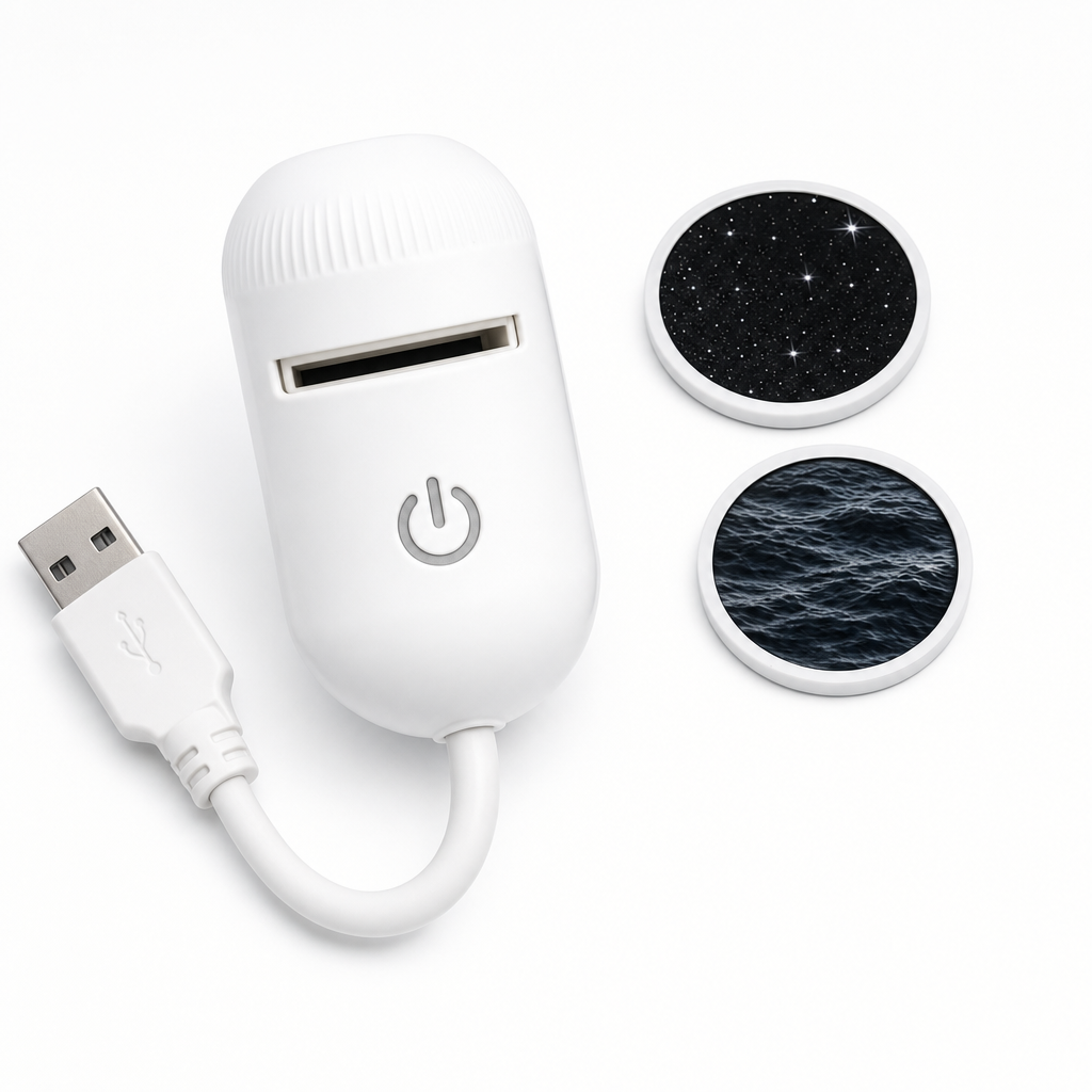 De verwisselbare projectiefilms en USB-kabel naast de projector