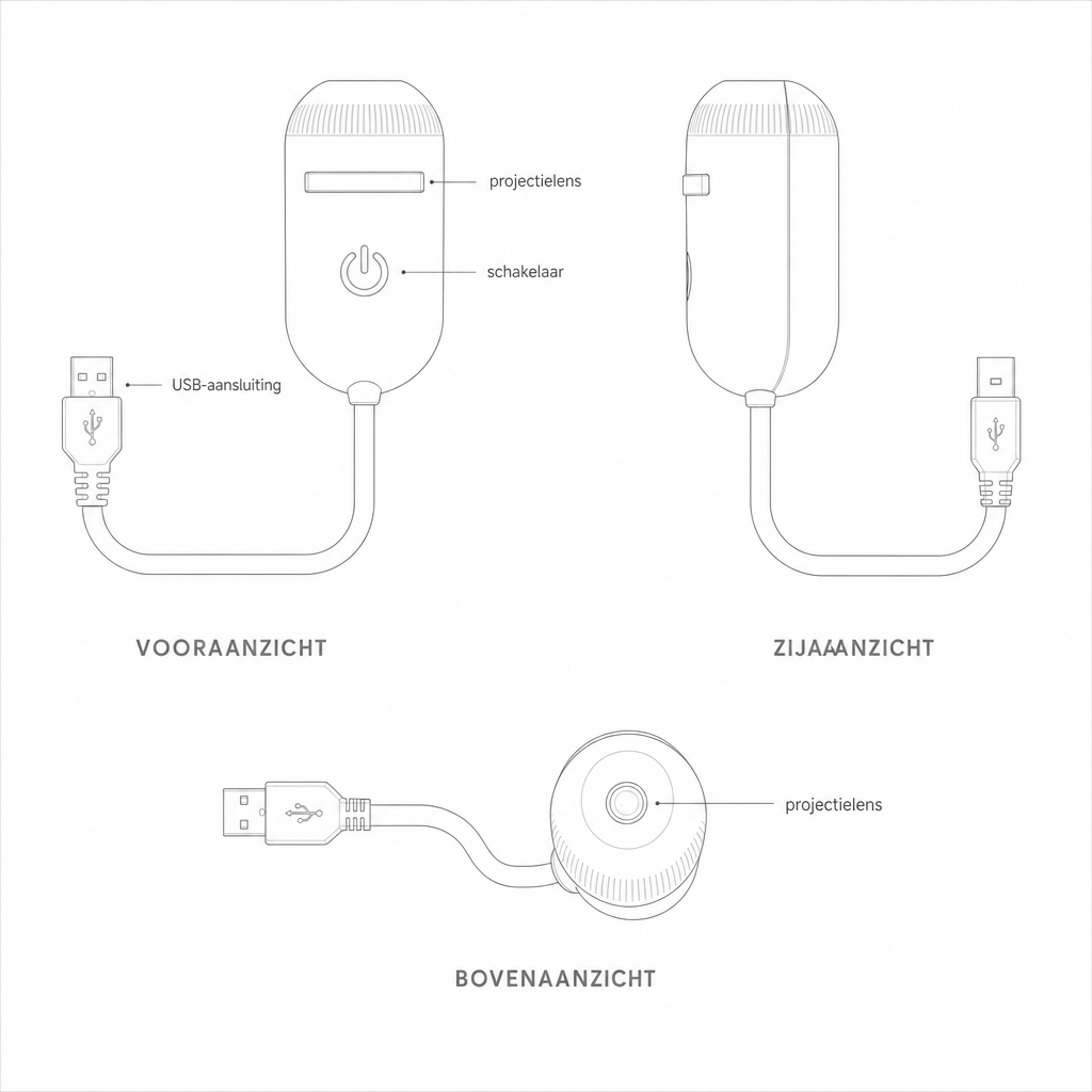 Technische tekening sterrenprojector in drie aanzichten
