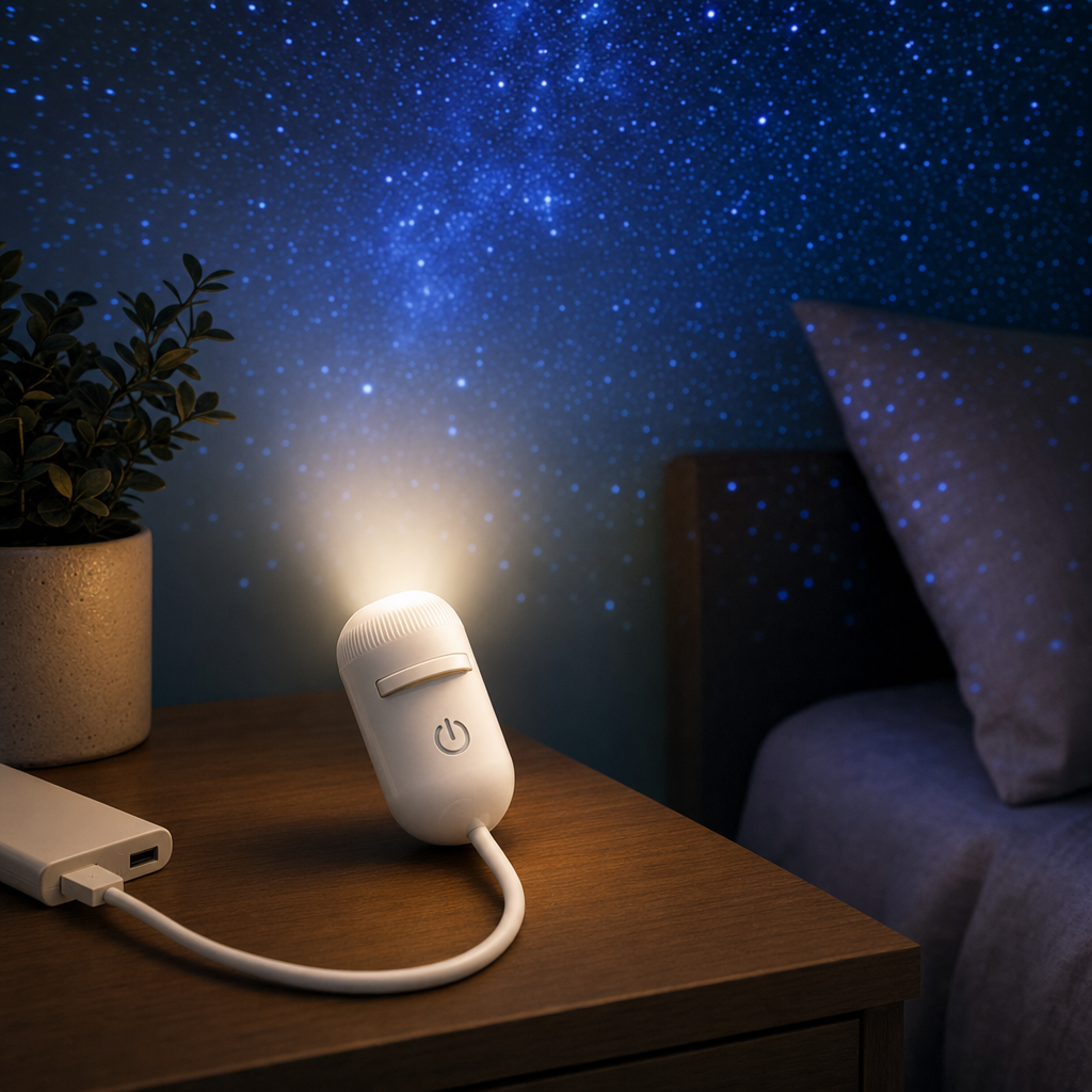 Sterrenprojector aan op het nachtkastje met sterrenhemel op het plafond