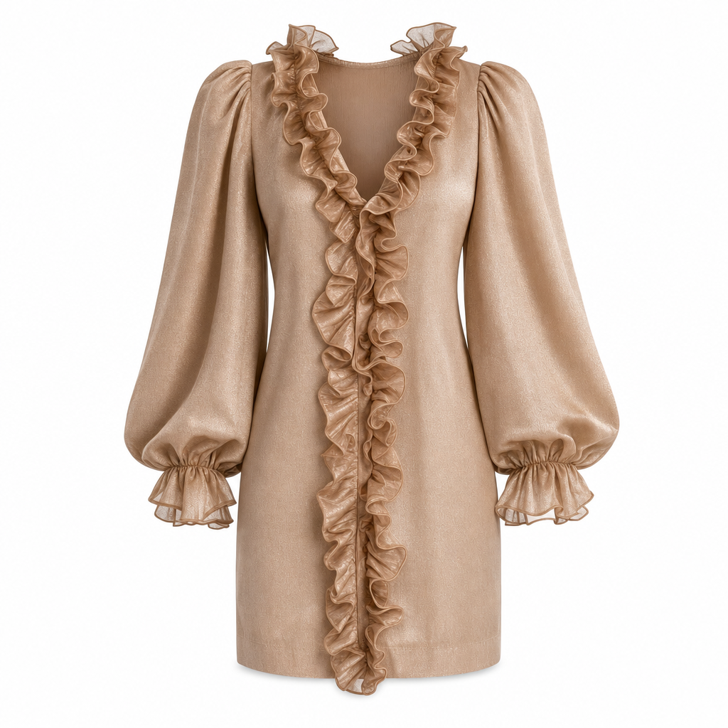 Elegante mini-jurk met ruches en pofmouwen, packshot op witte achtergrond