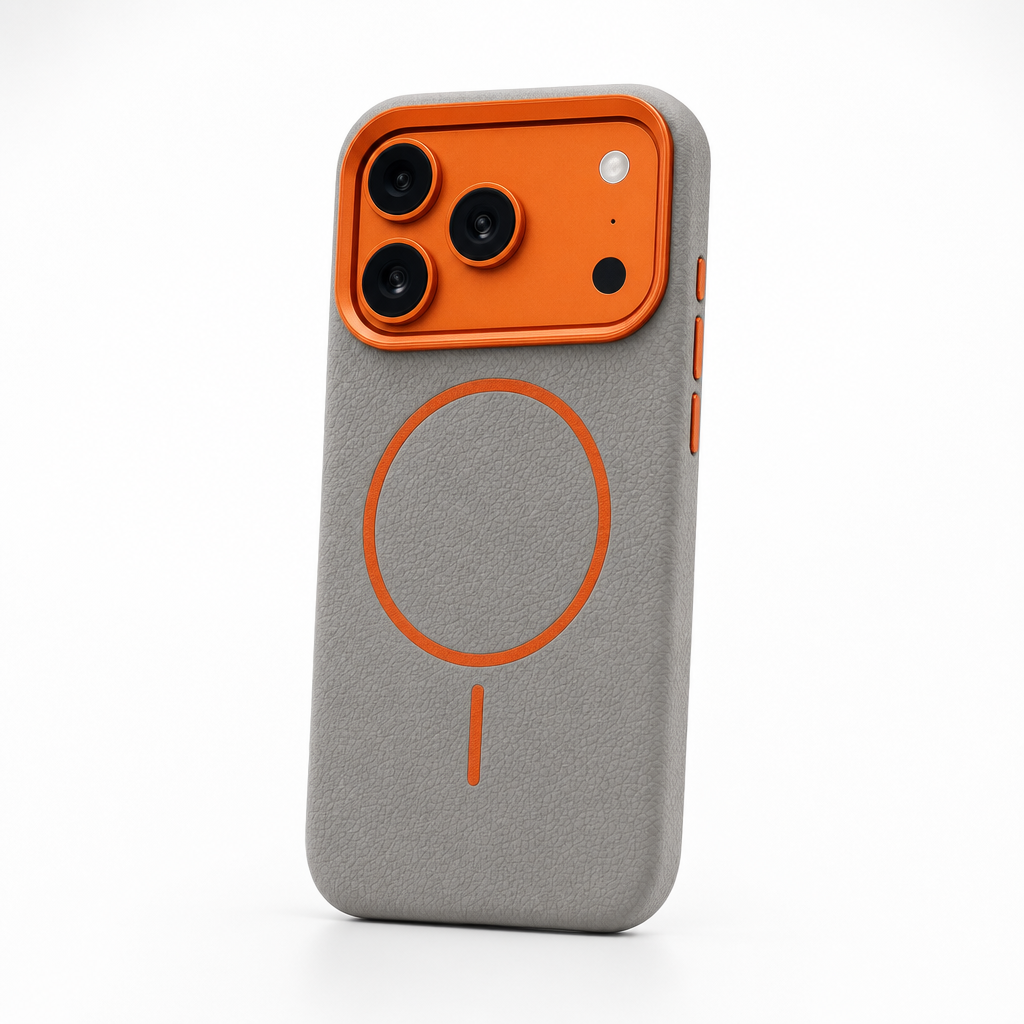 Leren iPhone-hoesje met olifantenprint, studiofoto op witte achtergrond