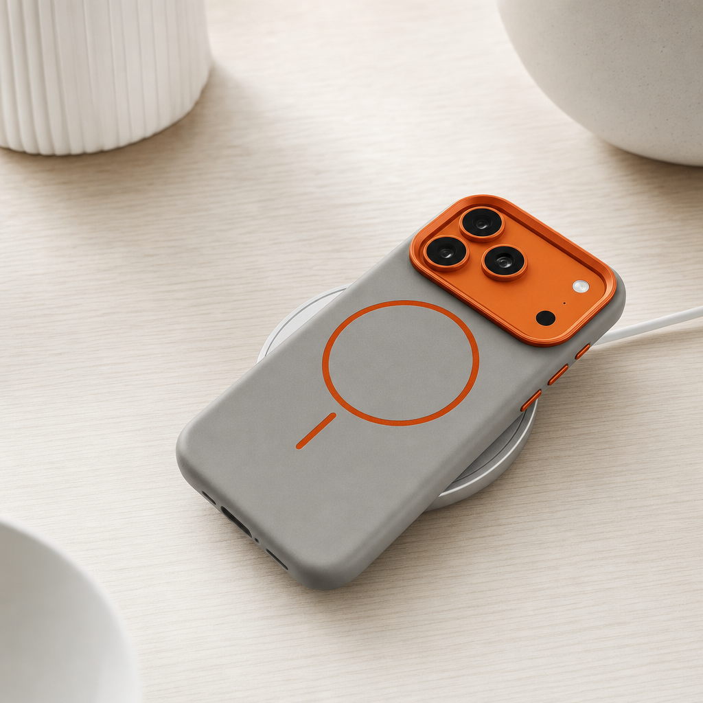 iPhone met leren hoesje op een MagSafe-oplader