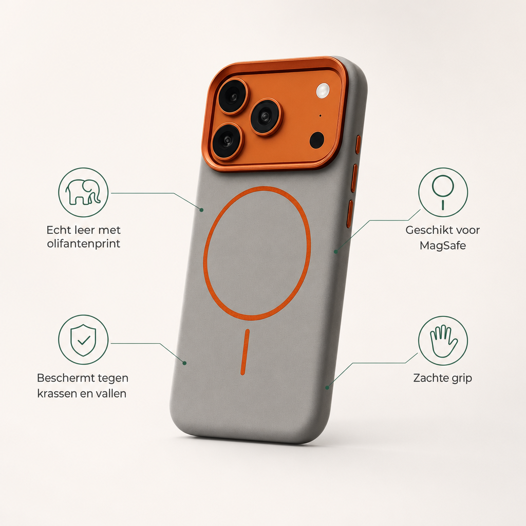 Kenmerken leren iPhone-hoesje: echt leer met olifantenprint, geschikt voor MagSafe, beschermt tegen krassen en vallen, zachte grip