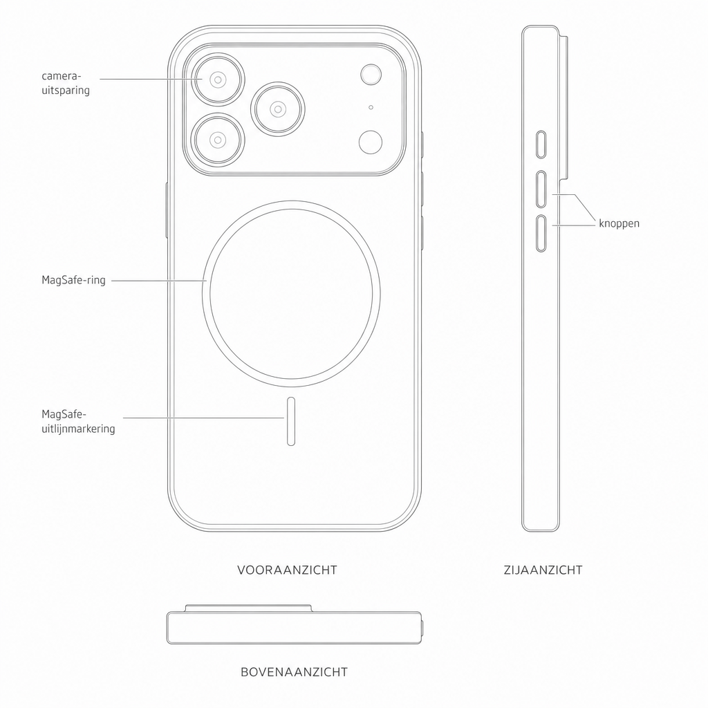 Technische tekening leren iPhone-hoesje in drie aanzichten