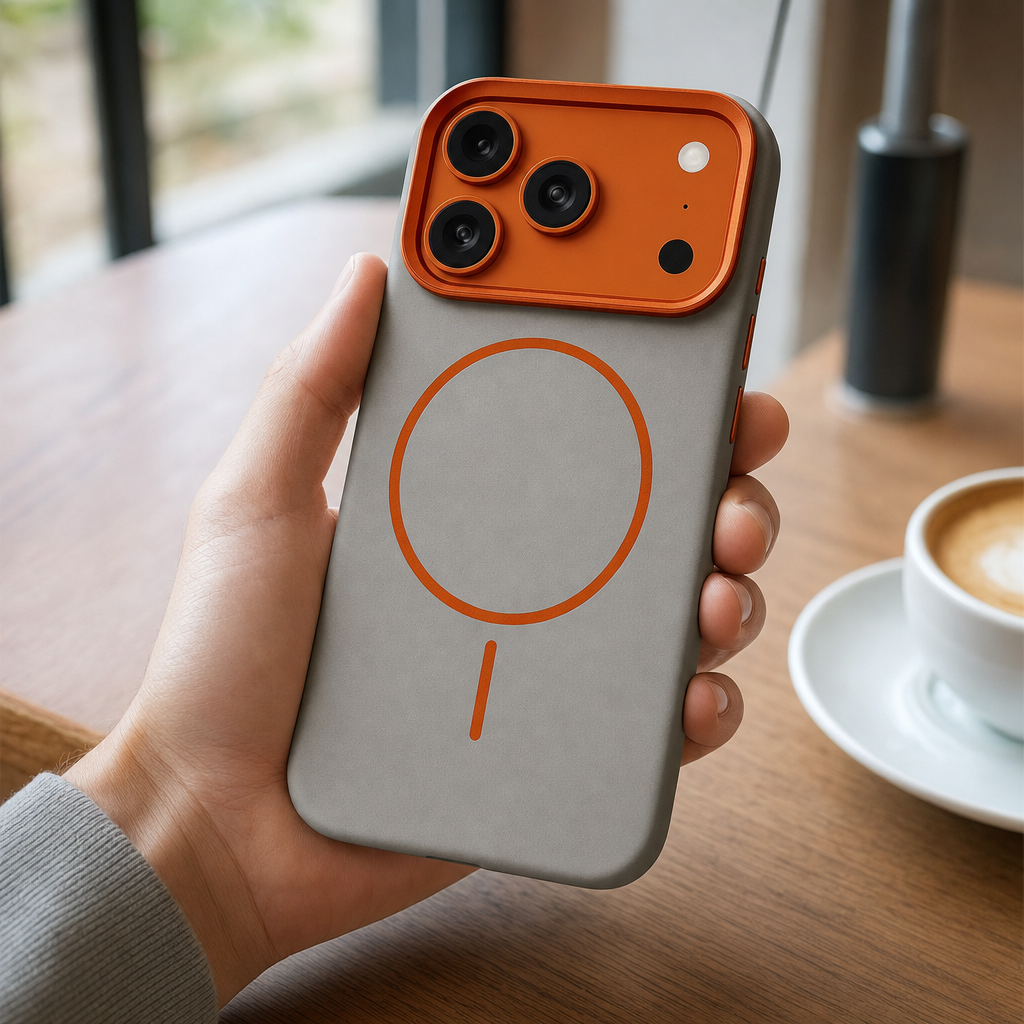 Leren iPhone-hoesje in de hand in een cafe