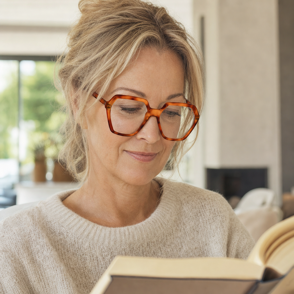 Leesbril gedragen tijdens het lezen van een boek