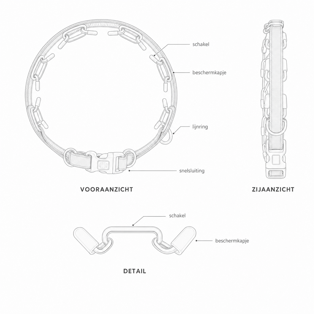 Technische tekening trainingshalsband met detail van een schakel