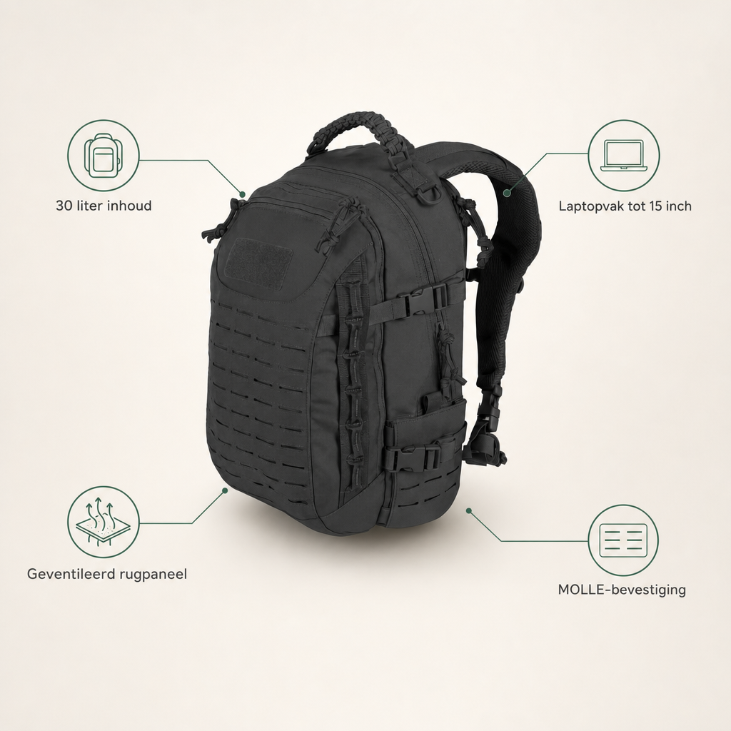Kenmerken tactische rugzak: 30 liter inhoud, laptopvak tot 15 inch, geventileerd rugpaneel, MOLLE-bevestiging