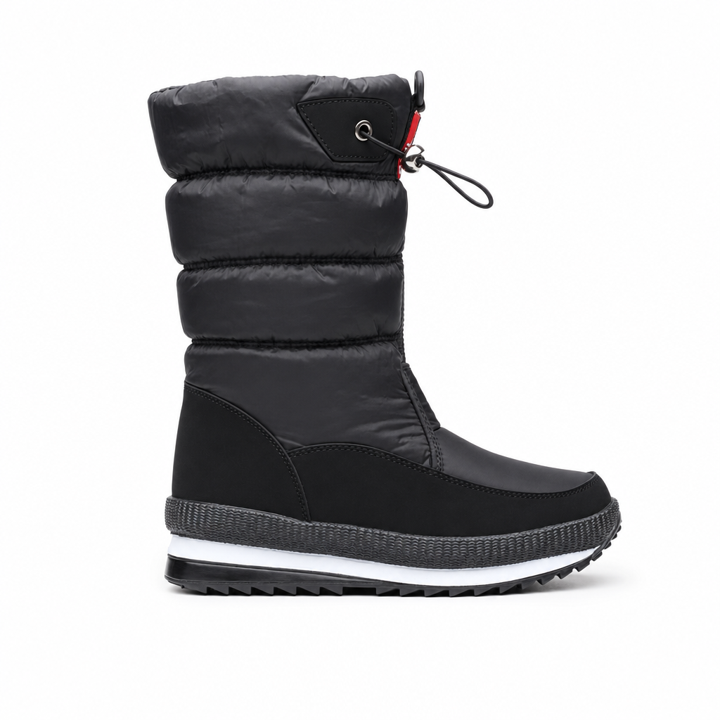 Waterdichte snowboot voor dames, zijaanzicht op witte achtergrond