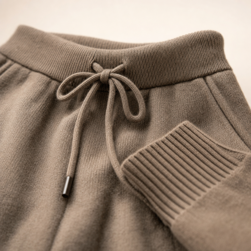 Close-up van de tailleband met koord en de ribboord van de broek