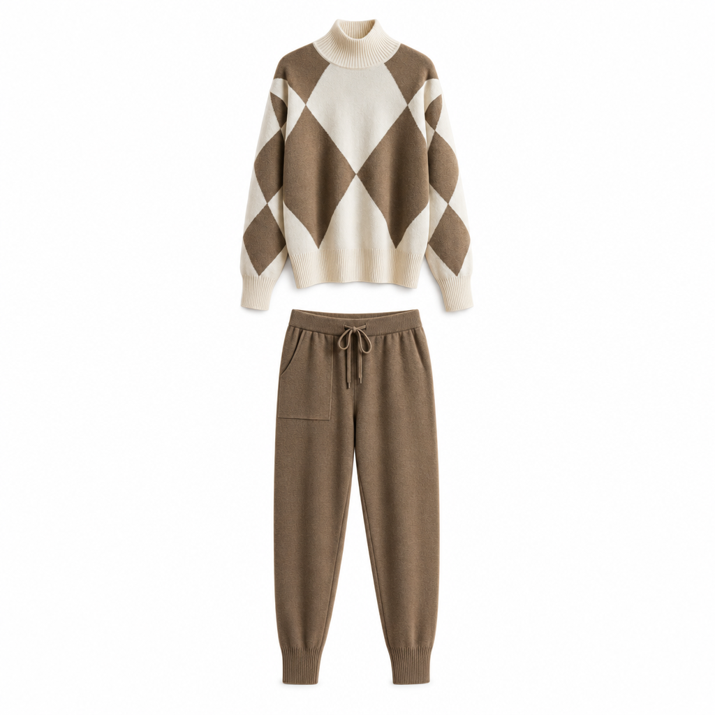 Gebreide loungeset met col en ruitmotief, trui en broek op witte achtergrond