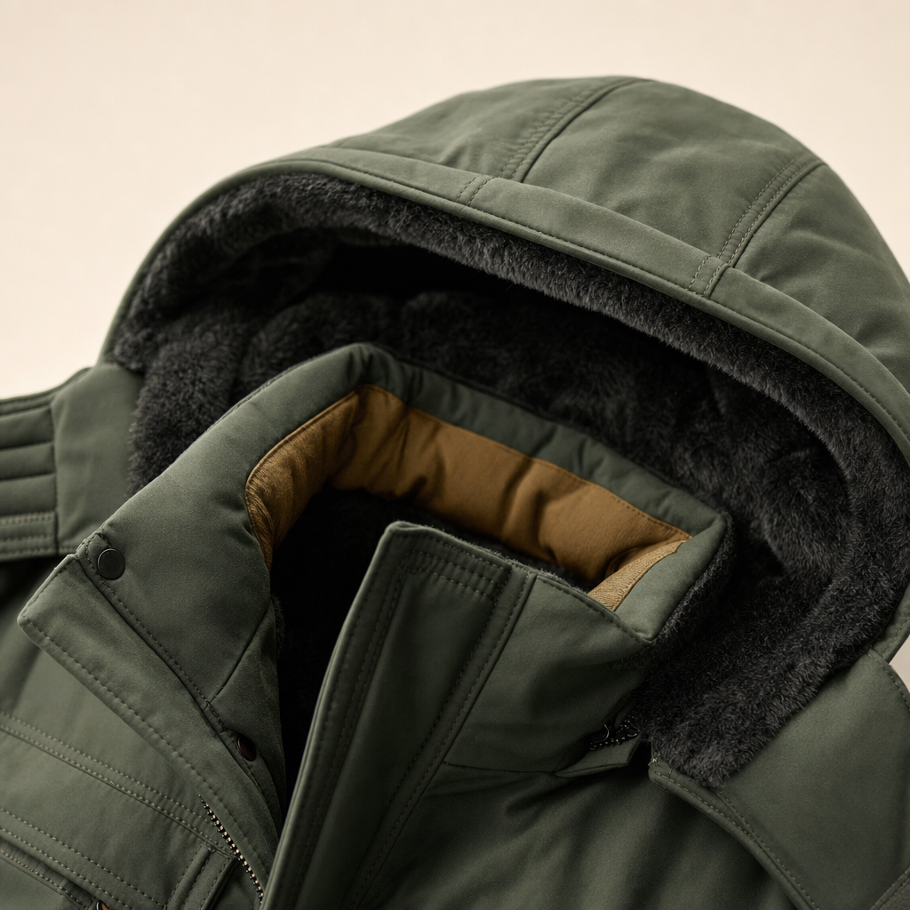 Close-up van de capuchon met bontrand