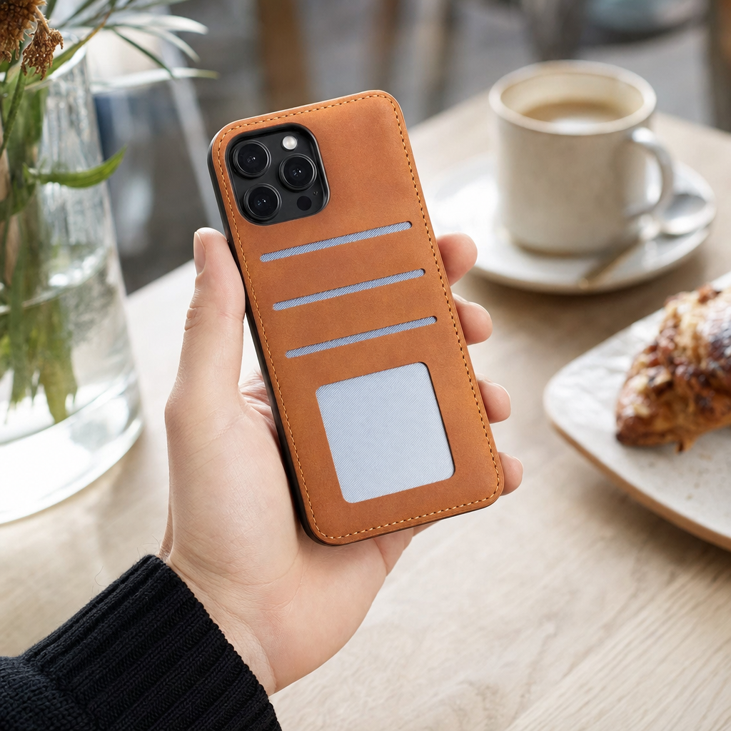 Leren iPhone-hoesje in de hand in een cafe