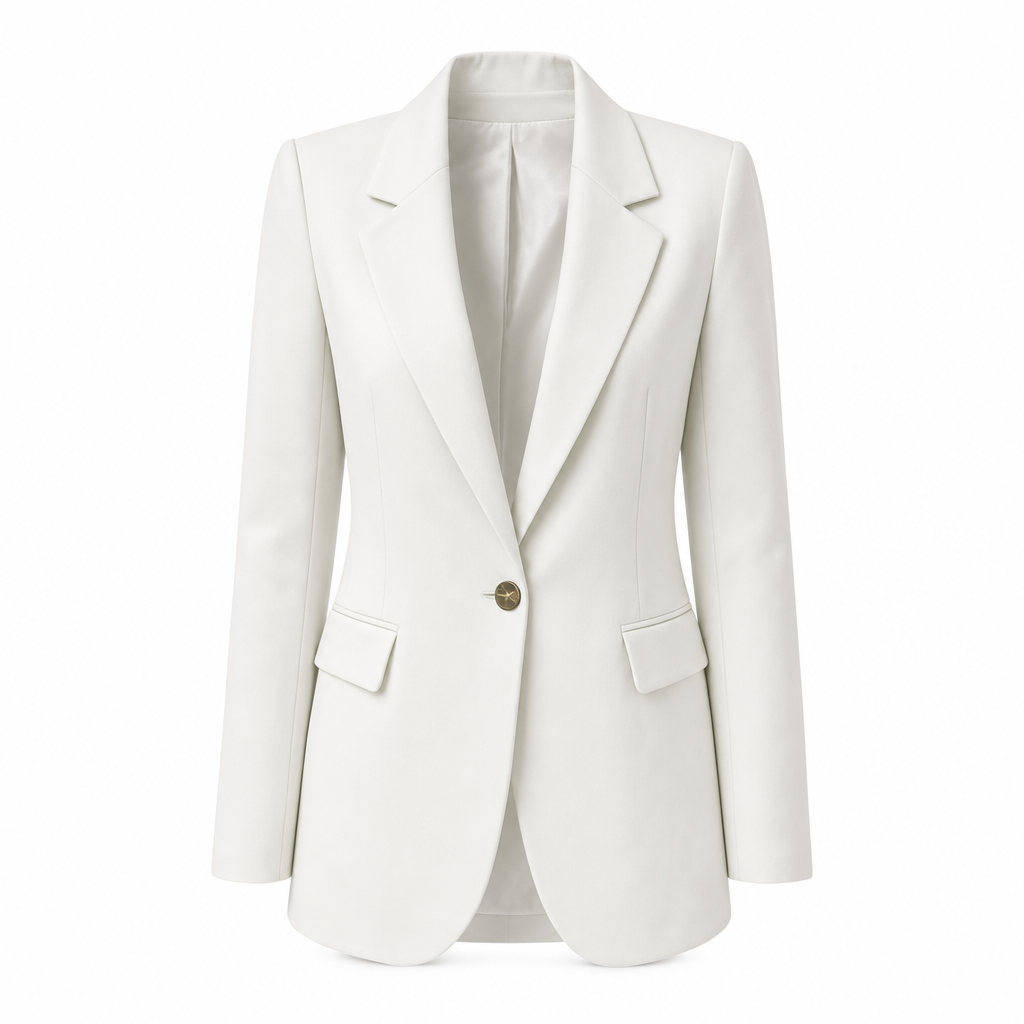 Lange blazer met reverskraag, vooraanzicht op witte achtergrond