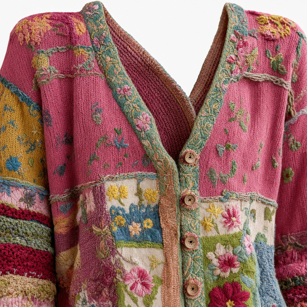 Close-up van de V-hals en de patchworkpanelen