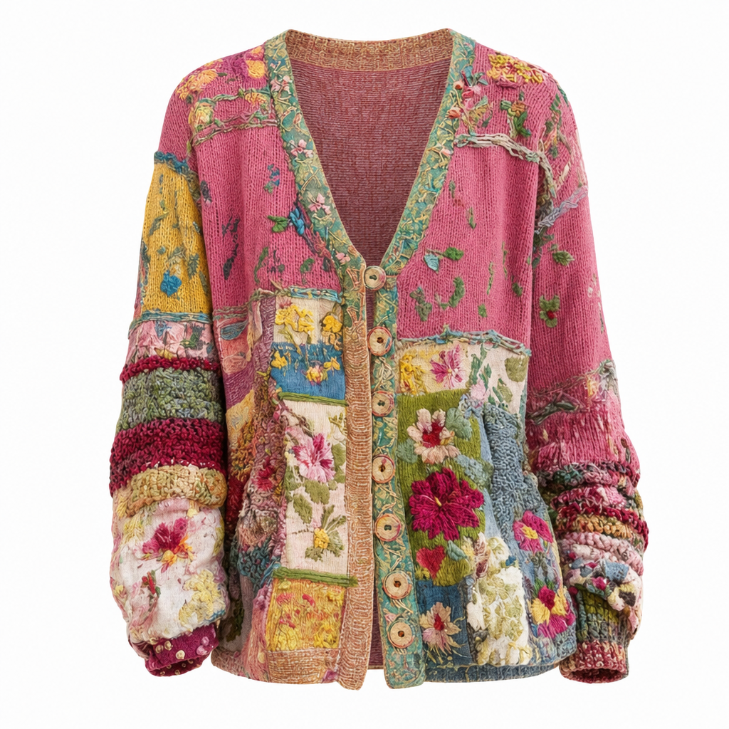 Patchworkvest met bloemenborduursel, vooraanzicht