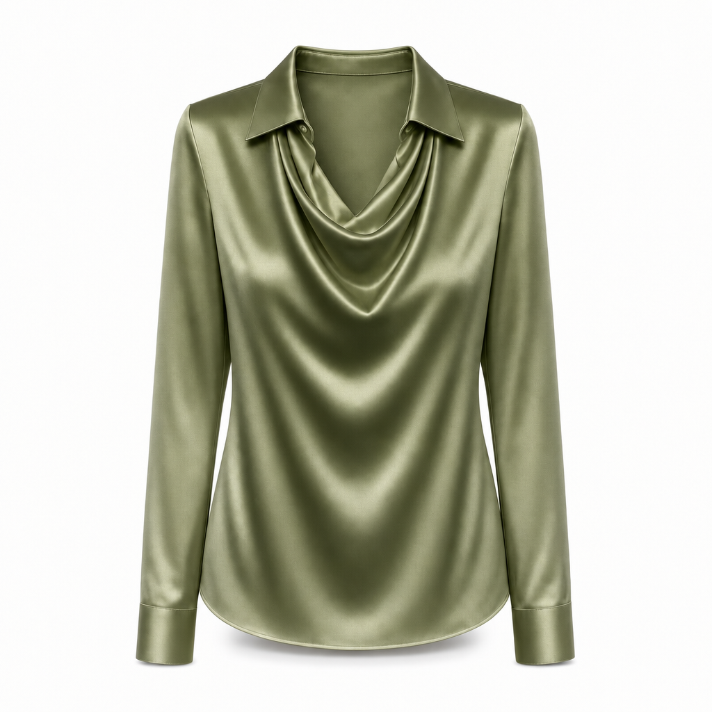 Dames satijnen blouse met gedrapeerde hals in olijfgroen
