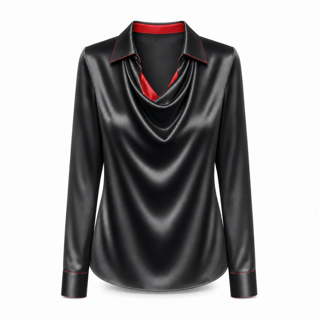 Dames satijnen blouse met gedrapeerde hals in zwart/rood