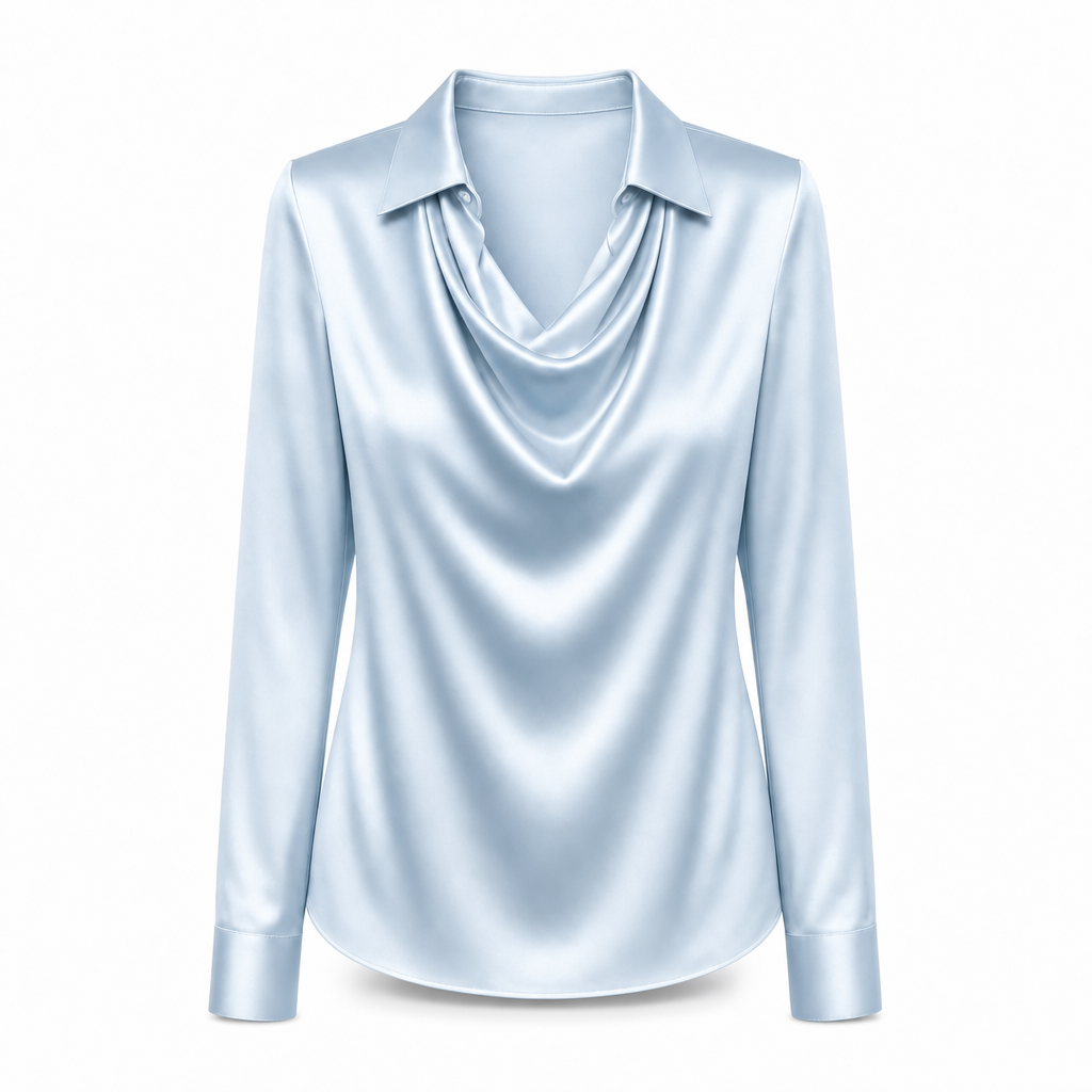 Dames satijnen blouse met gedrapeerde hals in lichtblauw (b)