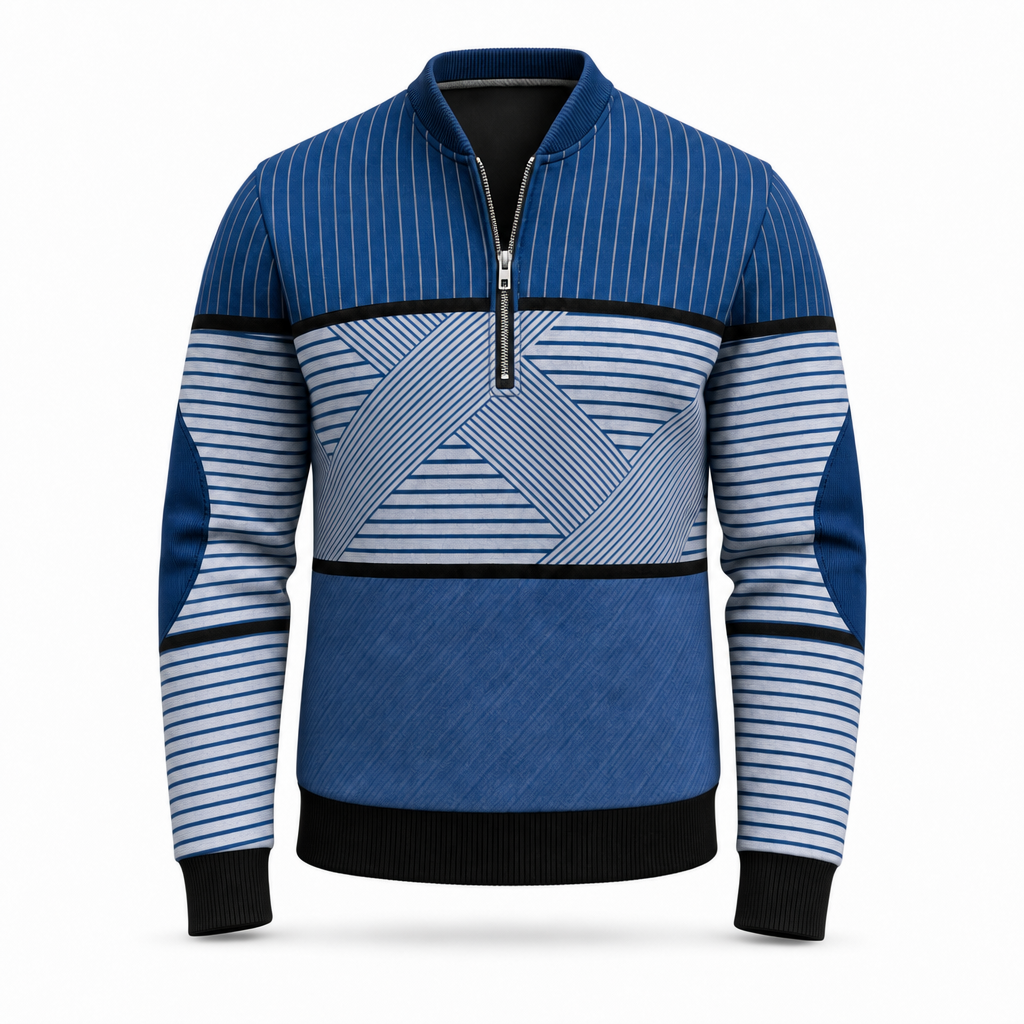 Heren trui met opstaande kraag en halve rits in blauw