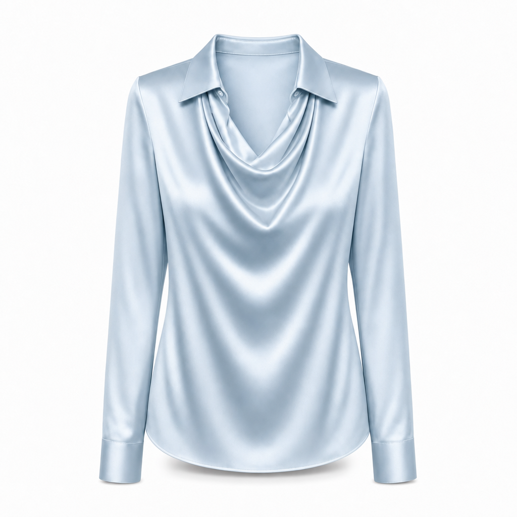 Dames satijnen blouse met gedrapeerde hals in lichtblauw (a)