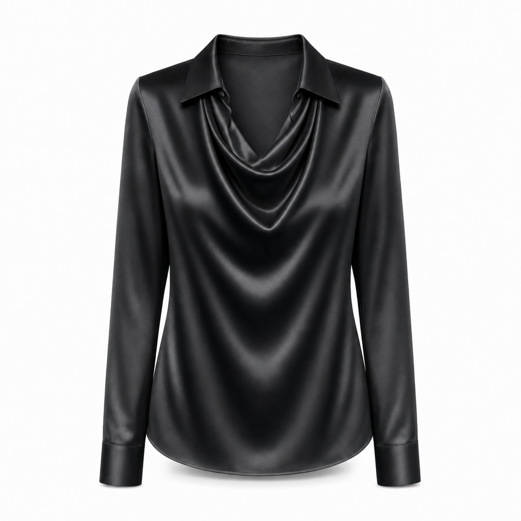 Dames satijnen blouse met gedrapeerde hals in zwart