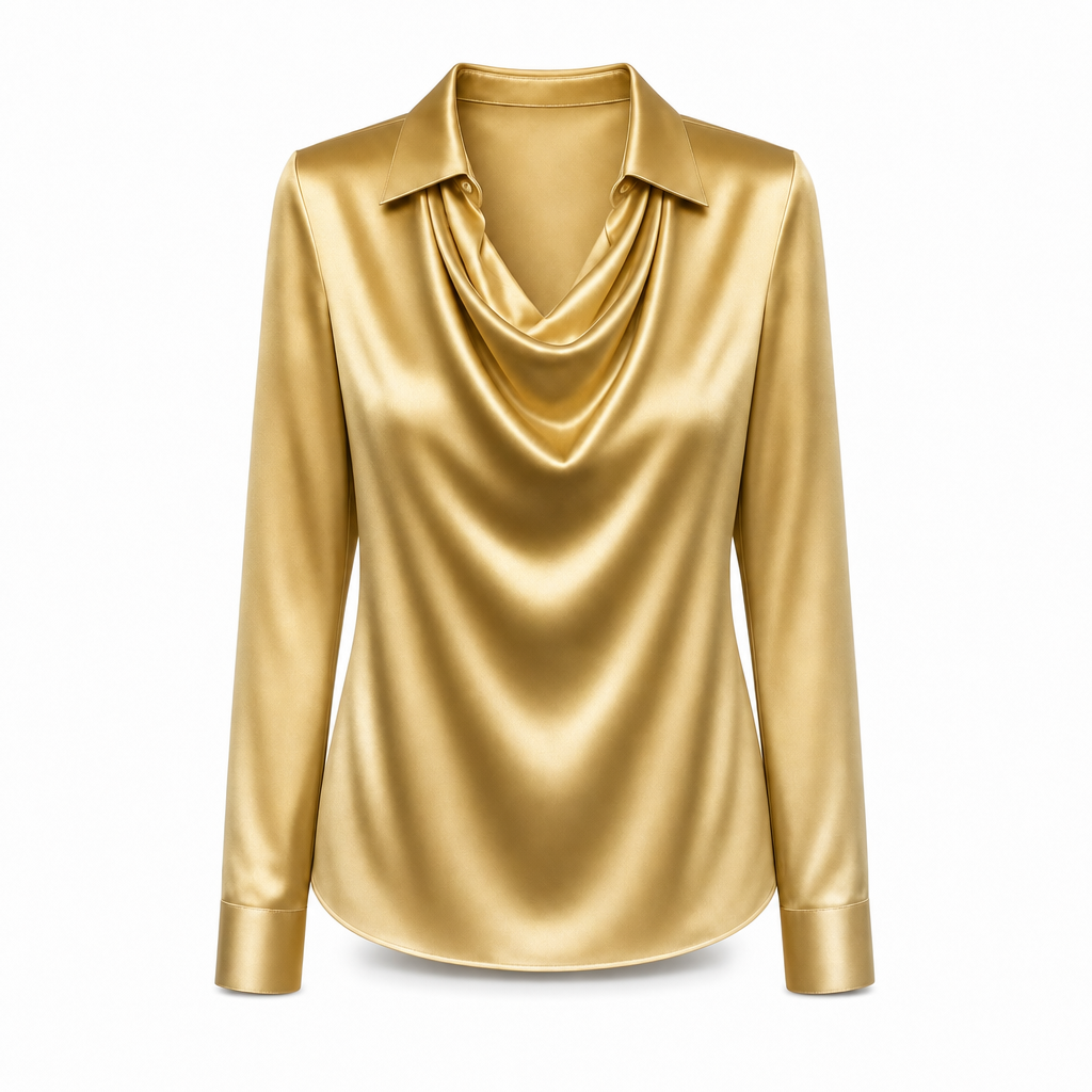 Dames satijnen blouse met gedrapeerde hals in goud