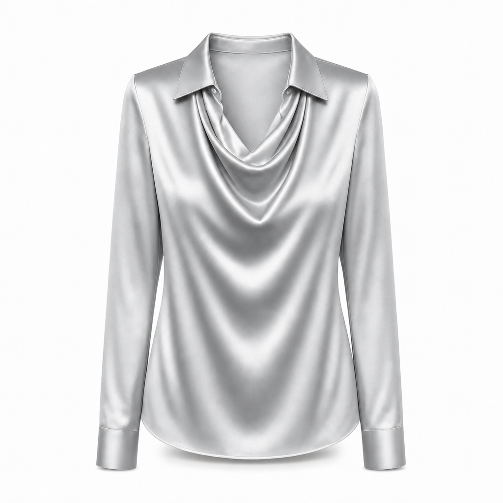 Dames satijnen blouse met gedrapeerde hals in zilver