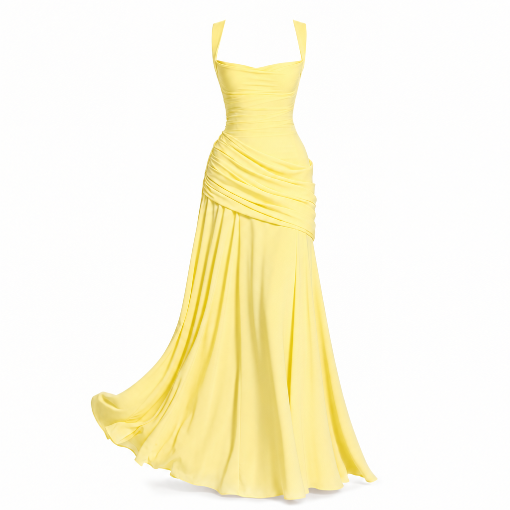 Chiffon maxi-jurk met watervalhals in citroengeel