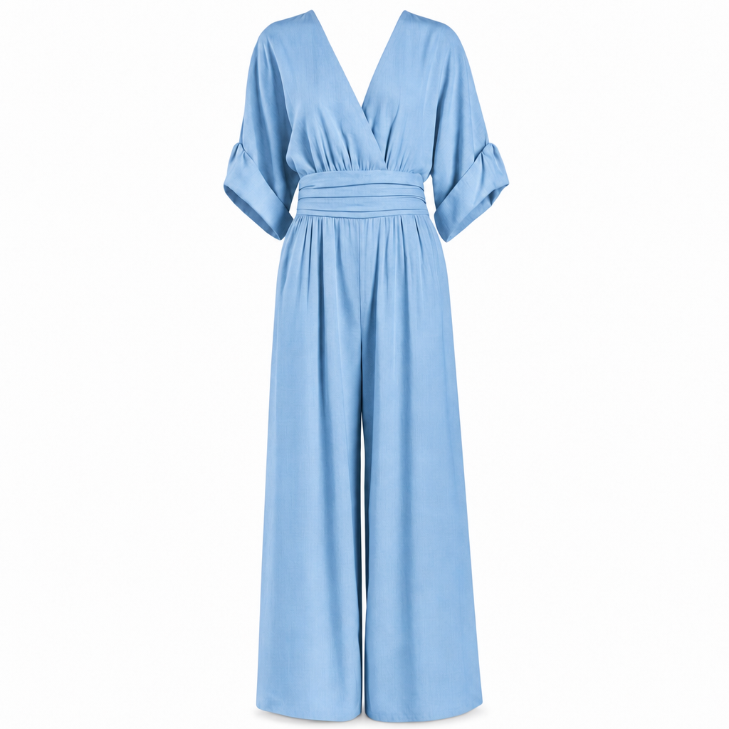 Elegante jumpsuit met V-hals en wijde pijpen in blauw