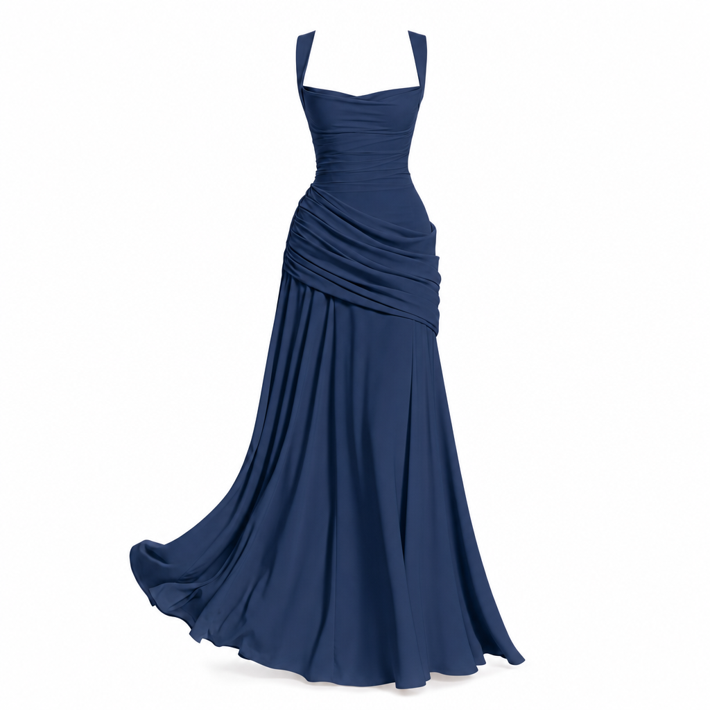 Chiffon maxi-jurk met watervalhals in marineblauw