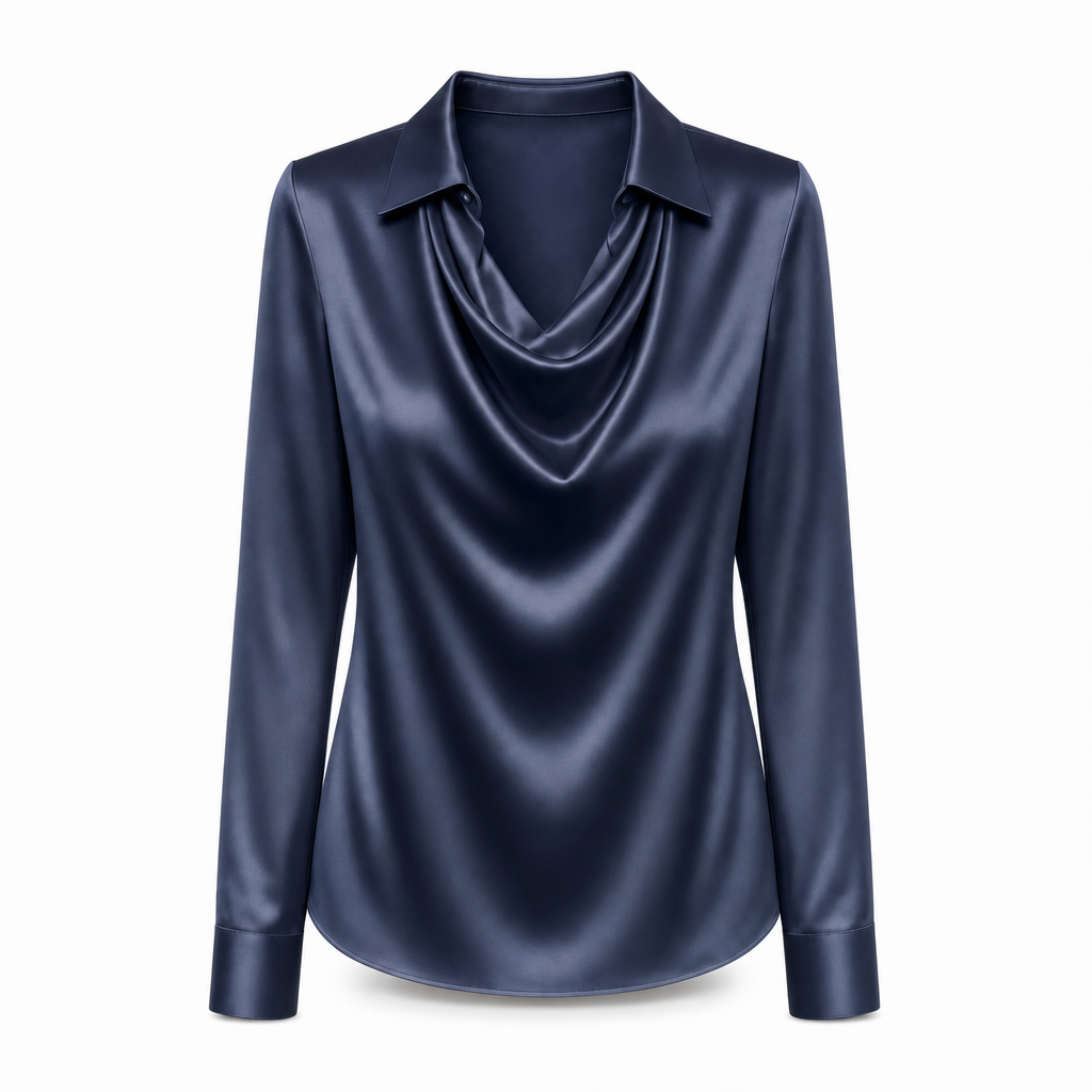 Dames satijnen blouse met gedrapeerde hals in donkerblauw