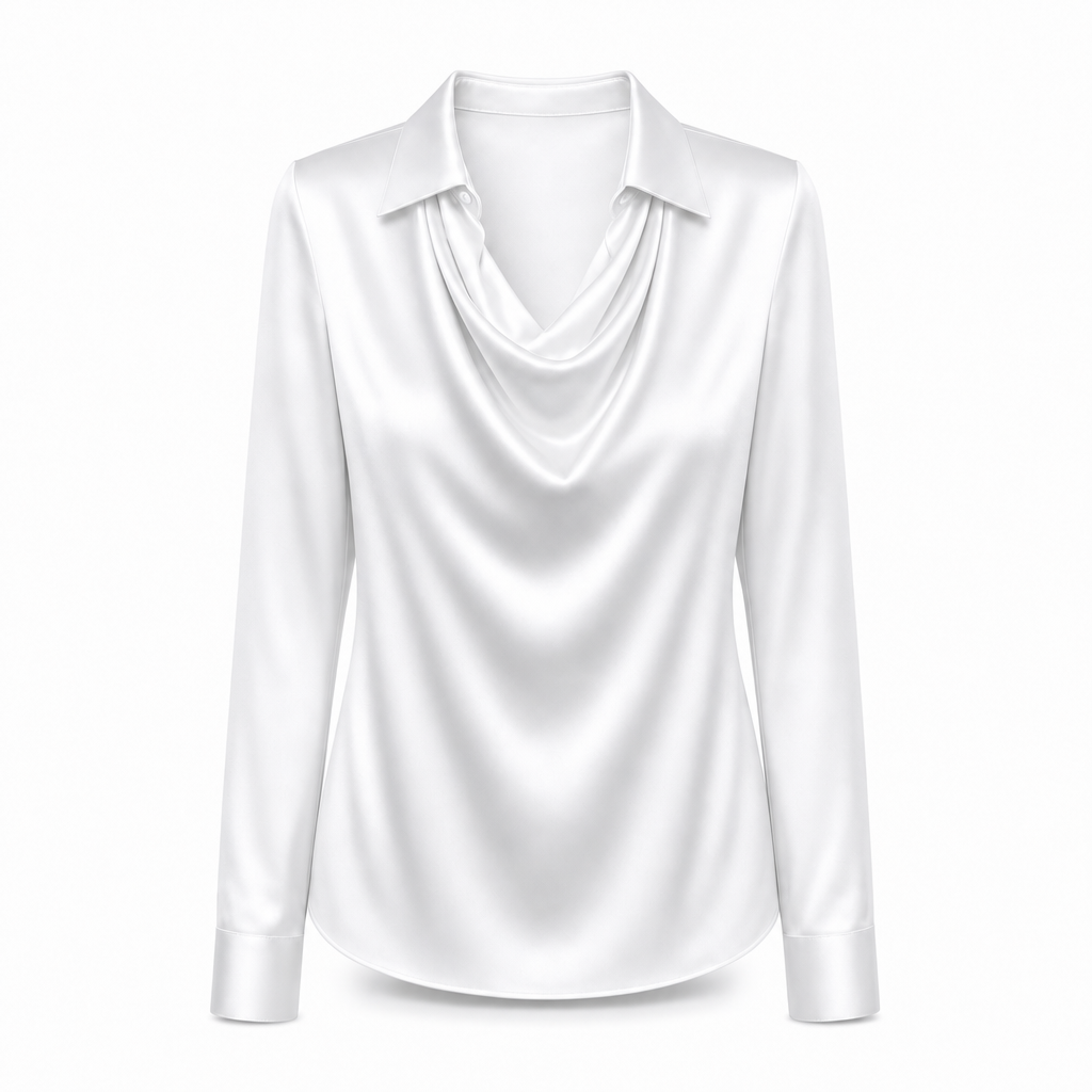 Dames satijnen blouse met gedrapeerde hals in wit