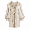 Elegante mini-jurk met ruches en pofmouwen in beige