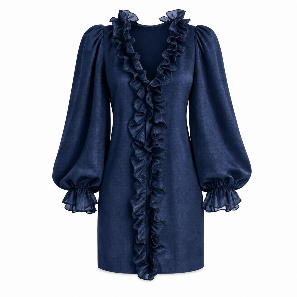 Elegante mini-jurk met ruches en pofmouwen in marineblauw